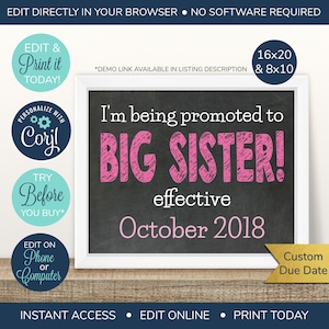 EDITABLE Pregnancy Announcement, Big Sister Announcement, Sibling Announcement, Baby Number 2, Big Sister Sign, Second Baby, 2nd Pregnancy