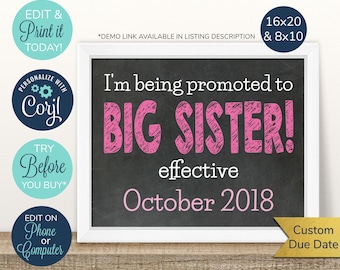 Op de afbeelding: Een printbaar bord in krijtbordstijl met roze tekst die luidt "Ik word gepromoveerd tot GROTE ZUSTER! effectief oktober 2018". Het bord heeft een gouden rand en een gebied voor een aangepaste vervaldatum.