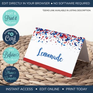 EDITABLE 4th of July Food Tent, Editable Name Place Cards, 4th of July Folded tent name card, Holiday Printable Template, Instant Access