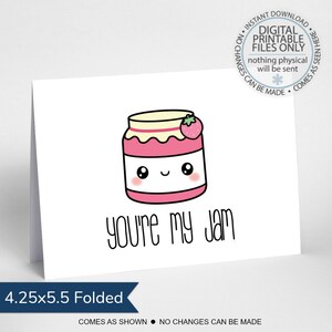 Imprimable You're my jam, carte de voeux amusante, carte de bonheur, carte je t'aime, carte de fin gourmet, carte d'anniversaire, carte de jeu de mots ringard, carte de voeux de petit garçon