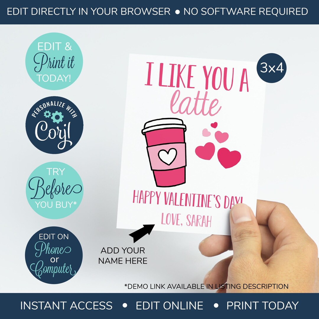 EDITABLE Classroom Valentine's Day Cards, I Like You a Latte, Latte ...