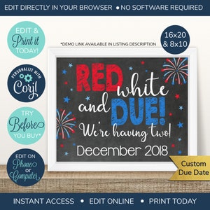 EDITABLE Red White and Due Twins Pregnancy Announcement, 4th of July, We&#39;re Having Two, Chalkboard Photo Prop, Pregnancy Reveal, Twins Sign
