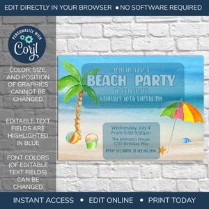 EDITABLE Beach Birthday Invites Beach Bash Invitations - Etsy