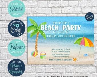 May include: A 5x7 inch beach party invitation with a watercolor design. The invitation features a palm tree, beach umbrella, and the text "Join us for a Beach Party to Celebrate Hannah's 10th Birthday!" Additional text includes event details and RSVP information.