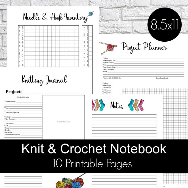 Knitting Crochet Planner Notebook Journal Printables PDF, knitting planner, knitters notebook, crochet planner - Modern Knit Theme