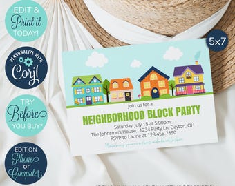 Pode incluir: Um convite editável para uma festa de bairro. O convite apresenta um fundo azul com casas coloridas e nuvens. O texto diz "Join us for a Neighborhood Block Party" e inclui a data, a hora, o local e as informações de RSVP.
