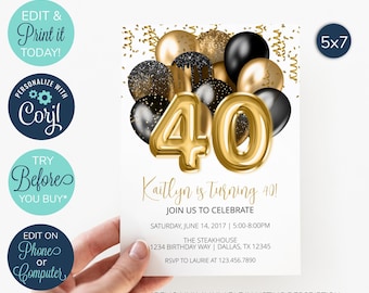 EDITABLE 40th Birthday Invitation, Black and Gold 40th Invitation, Surprise Birthday Party, 40th Birthday Invite, Balloons Invitation