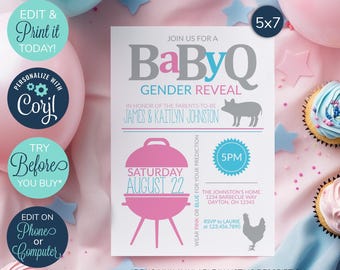 EDITABLE Baby Q Invitation, Gender Reveal Invitation, Backyard BBQ Invitation, Baby Shower Barbeque Invitation, Couples Baby Shower