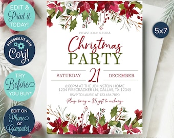 EDITABLE Christmas Party Invitation, Christmas Invitation, Christmas Invites, Dinner Party Invitation, Holiday Party Invitation, Poinsettia