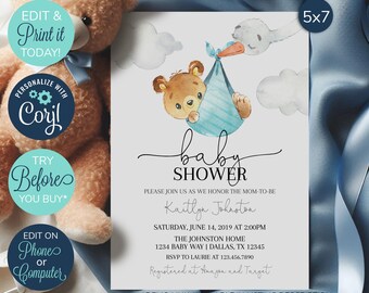 REDIGERBAR babyshowerinbjudan, babyshowerinbjudan pojke, blå björninbjudan, babybjörninbjudan, blå babyshower, det är en pojke