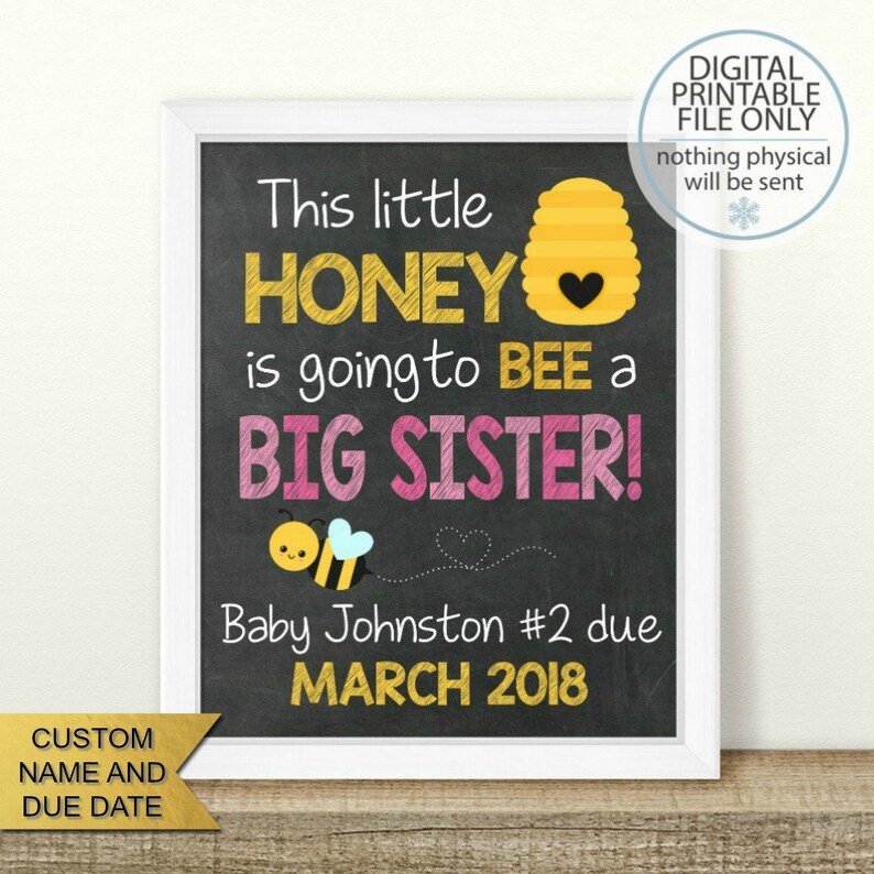 Sister Sign Baby Number 2 2nd Pregnancy This Little Honey Bee Big Sister Announcement PRINTABLE Spring Pregnancy Announcement