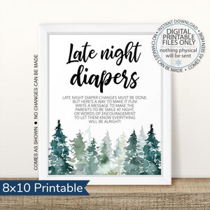 Late Night Diapers Game, Printable Woodland Baby Shower Sign, Adventure Shower, Diaper Messages, Mingling Game, Woodland Baby Shower