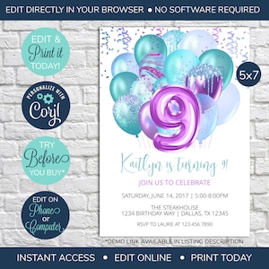 EDITABLE 9th Birthday Invitation, Purple and Aqua 9th Invitation, Nine Birthday Party, Ninth Birthday Invite, Balloons Invitation