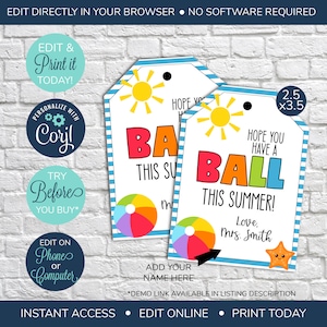 EDITABLE Hope You Have a Ball This Summer Tag, End of School Year Tag, End of Year Treat Tag, End of Year Favor Tag, Tags for school