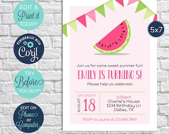 EDITABLE Watermelon Birthday Invitatation, Girl Birthday, Summer Birthday Invitation, Watermelon Invitation, Watermelon Birthday