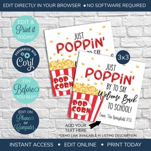 Etiqueta de regalo de bienvenida de palomitas de maíz editable, regalo de agradecimiento escolar para maestros, empleados y personal de regreso a clases, etiqueta de agradecimiento, pasa a decir