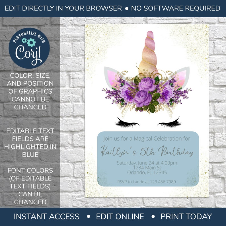 EDITABLE Unicorn Birthday Invitation, Unicorn Face Invitation, Unicorn ...