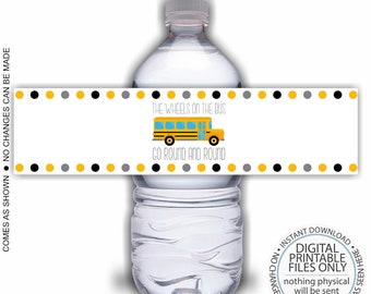 Printable Water Bottle Wraps, School Bus Water Bottle Labels, Wheels on the bus, School Bus Birthday, Bus water bottle wraps, Bus party