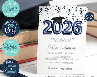 Convite editável para a cerimônia de formatura da turma de 2026 da Marinha, convite para festa de formatura, formatura do ensino médio e da faculdade.