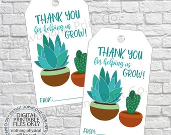 Printable Teacher Gift Tags, Thank You for Helping us Grow, Teacher Appreciation Tags, thank you gift tag, Teacher gifts, Teacher Thank You