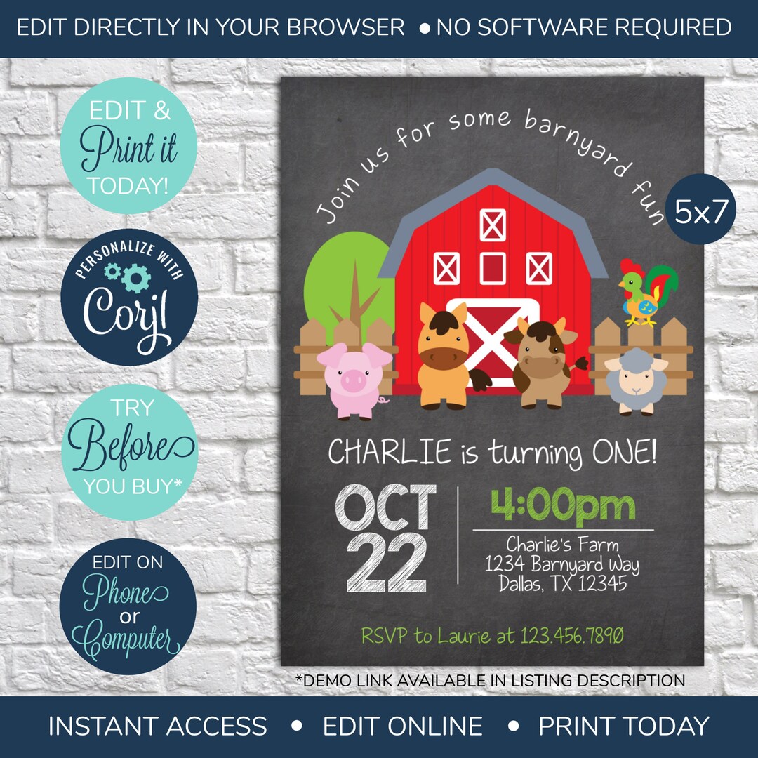 EDITABLE Farm Birthday Invitation, Farm Invitation, Barnyard Invitation ...