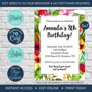 EDITABLE Luau Birthday Invites, Tropical Birthday Invitations, Summer Birthday Invite, Adult Birthday, Kid&#39;s Birthday, Hawaiian Theme Party