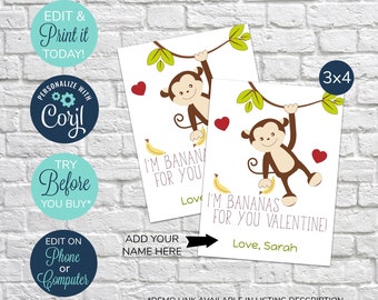 EDITABLE Classroom Valentine's Day Cards, I'm Bananas for You, printable valentine, Monkey valentine, Monkey Valentine's Day Card