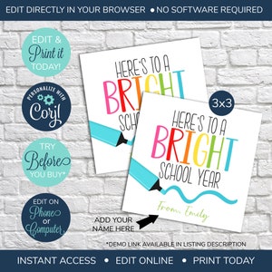EDITABLE Back to School Teacher Gift Tag, Bright School Year Tag, First Day of School Tag template, Highlighter Teacher tag, PTO PTA tag