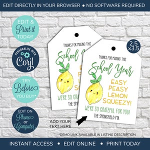 Etiqueta de regalo de limones EDITABLE, Gracias Easy Peasy Lemon Squeezy, Regalo de la Semana de Agradecimiento, Gracias Profesor de Personal Colaborador Voluntario