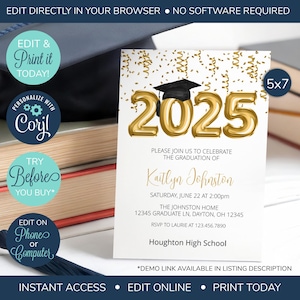 EDITABLE Gold Class of 2025, Graduation Open House Invitation, Graduation Invitation, Graduation Party, High School, College Graduation