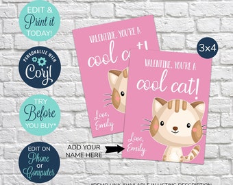 EDITABLE Classroom Valentine's Day Cards, Cute Cat Valentine, Cat Valentine Card, Kitty valentine, Kids Valentine's Day Card, Cool Cat