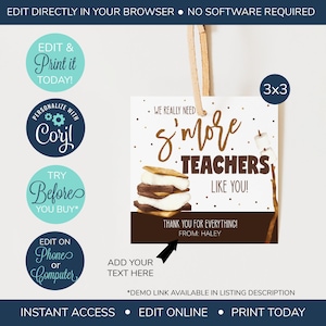 EDITABLE S'more Appreciation Gift Tag, Teacher Appreciation Week Gift, Appreciation Tag, Teacher Thank You, Smore Teachers Like You