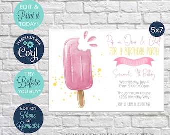 Invitaciones de cumpleaños de paletas EDITABLES, Invitación a fiesta de cumpleaños, Invitación Pop on Over and Chill, Invitación a fiesta de verano, Fiesta de paletas