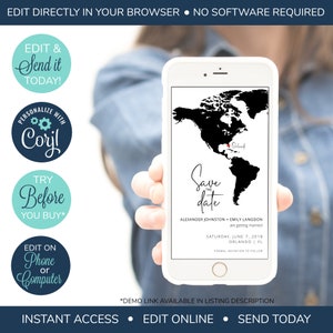 May include: A digital save the date card with a black and white world map with a red pin marking Orlando, Florida. The text reads "Save the date" with the couple's names and wedding date. The card is displayed on a smartphone.