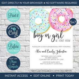 Convite EDITÁVEL para revelação de gênero de donut, menino ou menina que donut conhecemos, granulado para bebê, chá de bebê donut, convite para chá de bebê donut, rosa ou azul