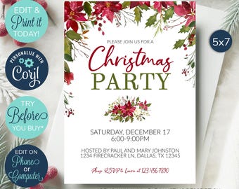 Invitación de Navidad editable, invitación de Navidad, invitaciones de Navidad, invitación a cena, invitación a fiesta navideña, flor de Pascua