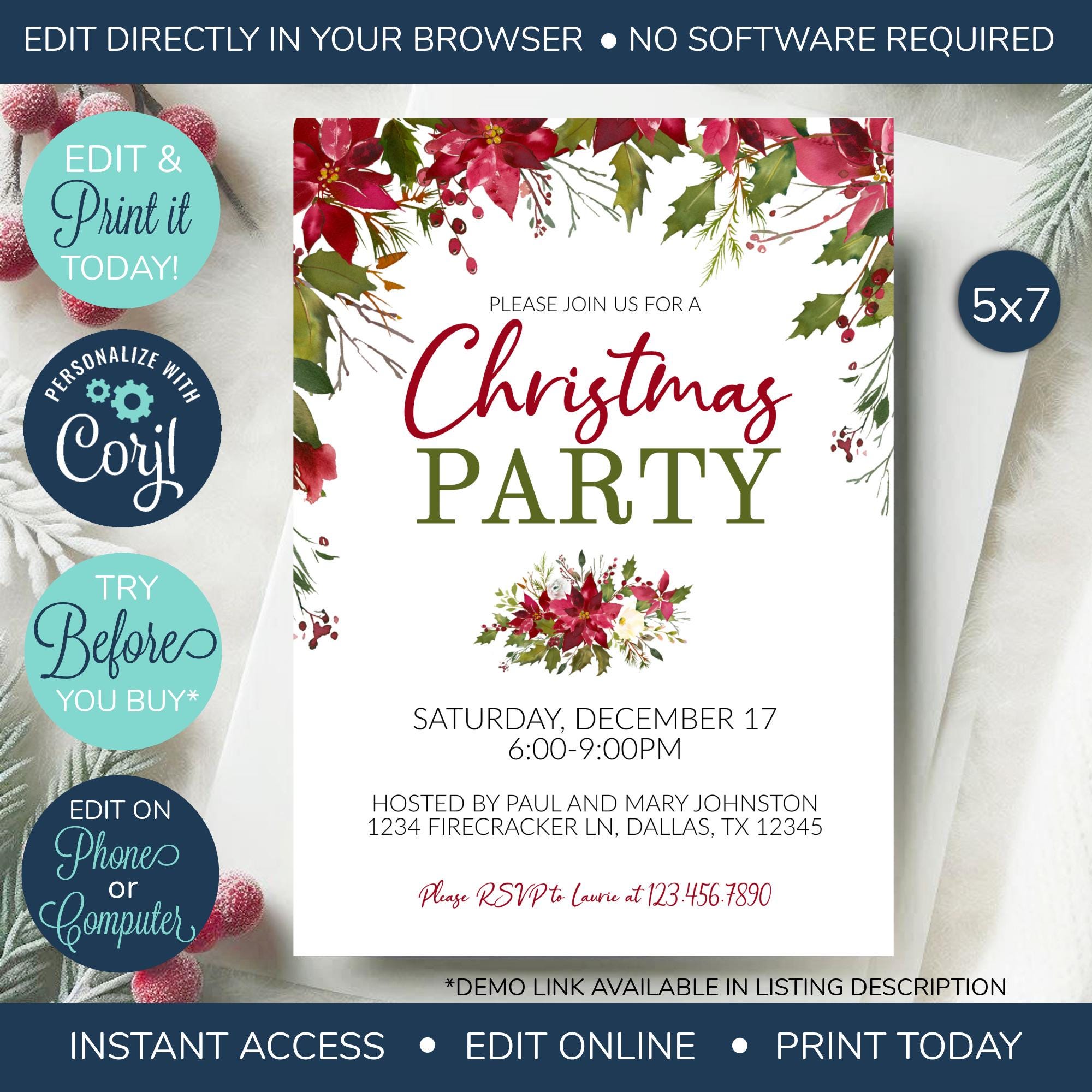 EDITABLE Christmas Party Invitation, Christmas Invitation, Christmas Invites,  Dinner Party Invitation, Holiday Party Invitation, Poinsettia - Etsy, image size:2000x2000