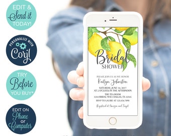 EDITABLE Electronic Lemon Bridal Shower Invitation, Summer Shower, Bridal Shower, Lemon Bridal Brunch, Wedding Shower, Lemon Invitation