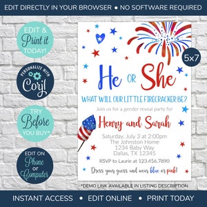EDITABLE 4th of July Gender Reveal Invitation, He or She Gender Reveal Party, Little Firecracker, Red White and Blue, Baby Shower Reveal