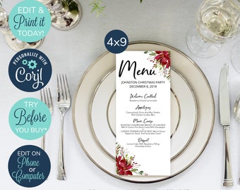 EDITABLE Christmas Menu Card Template, Holiday Menu Card, Menu Template Download, Christmas Dinner Menu Template Card, Poinsettia