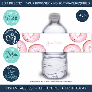 EDITABLE Pink Donut Water Bottle Wraps, Donut Party Labels, Donut Birthday, Donut Water Bottle Labels, Donut Party Printable, Donut Shower