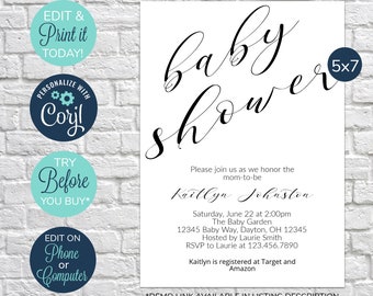 EDITABLE Baby Shower Invitation, Minimalist Invite, Baby Shower, Black & White invitation, Gender Neutral Shower Invitation, Simple Invite