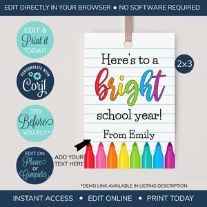 EDITABLE Back to School Teacher Gift Tag, Bright School Year Tag, First Day of School Tag template, Highlighter Teacher tag, PTO PTA tag