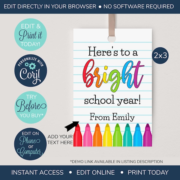 EDITABLE Back to School Teacher Gift Tag, Bright School Year Tag, First Day of School Tag template, Highlighter Teacher tag, PTO PTA tag
