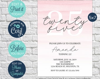 EDITABLE 25th Birthday Invitation, Twenty Five Invitation, Surprise Birthday Party, 25th Birthday Invite, Female, Adult Birthday, Pink