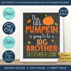 EDITABLE Big Brother Pregnancy Announcement, This Little Pumpkin, Fall Big Brother Announcement, Baby Number 2, Brother Sign, 2nd Baby