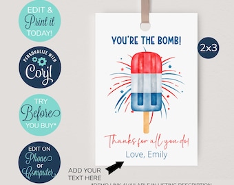 EDITIERBAR 4. Juli Tags, Bomb Pop Favor Tag, Dankeschön-Tag, Geburtstagstag, Vaterländischer Geschenkanhänger, 4. Juli Party, Danke für Dein Kommen