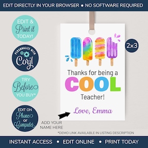 EDITABLE Thanks for being a Cool Teacher Tag, Printable Teacher Thank You Tag, Teacher Appreciation Gift Tags, Popsicle Teacher Tag