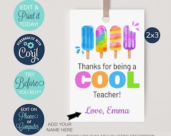 EDITABLE Thanks for being a Cool Teacher Tag, Printable Teacher Thank You Tag, Teacher Appreciation Gift Tags, Popsicle Teacher Tag