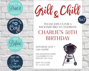 EDITABLE Barbecue Birthday Invitation, Summer Birthday, Adult Birthday, Grill and Chill Invitation, Backyard BBQ Birthday, Birthday BBQ